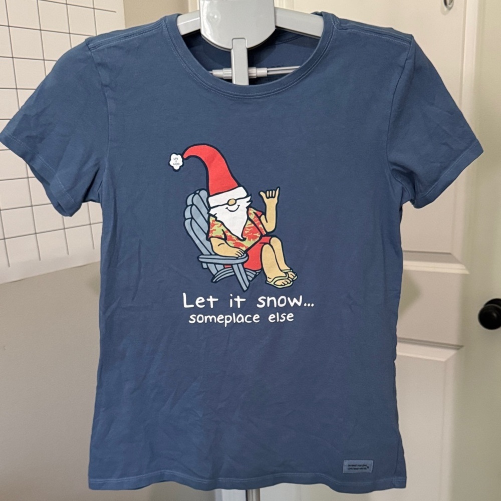 Life Is Good Blue Tee with Santa Graphic
